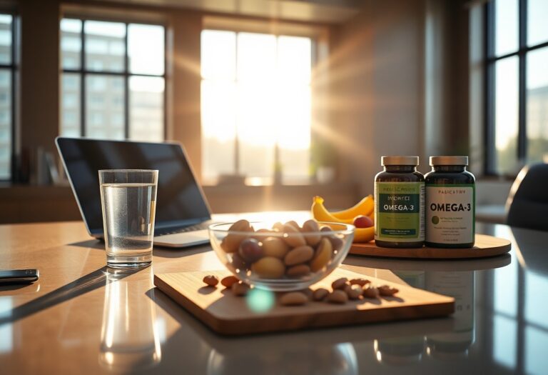 Healthy breakfast: nuts, fruit, omega-3 supplements, and water.