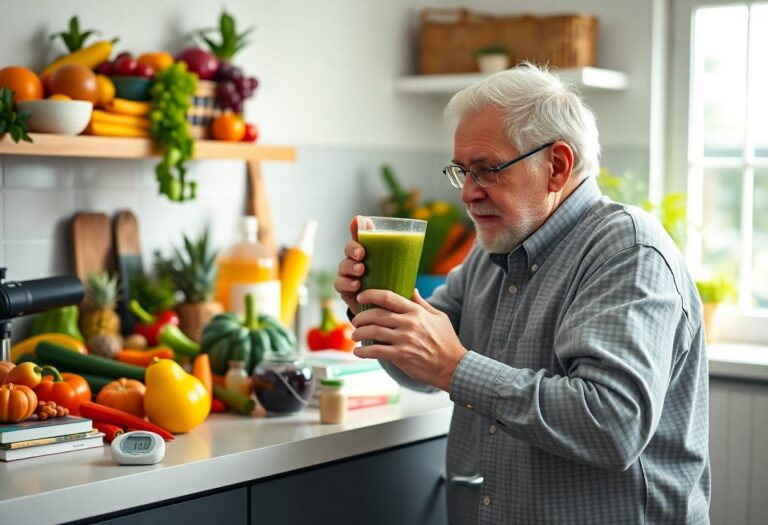 Senior man enjoying a healthy green smoothie in his kitchen.