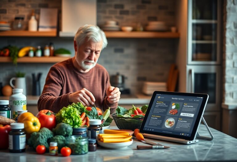 Man preparing fresh vegetables in modern kitchen with recipe tablet