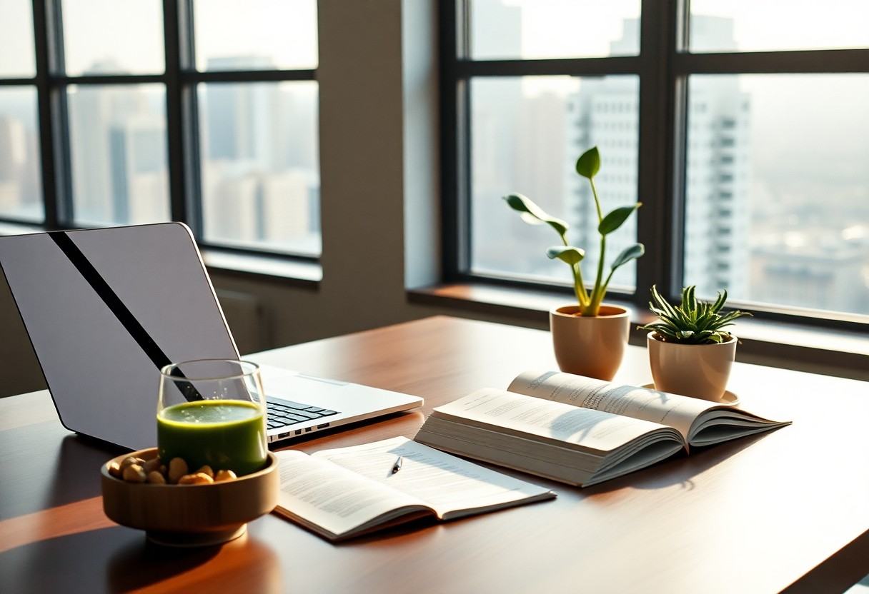 Laptop, books, and healthy snacks on a desk overlooking a city.