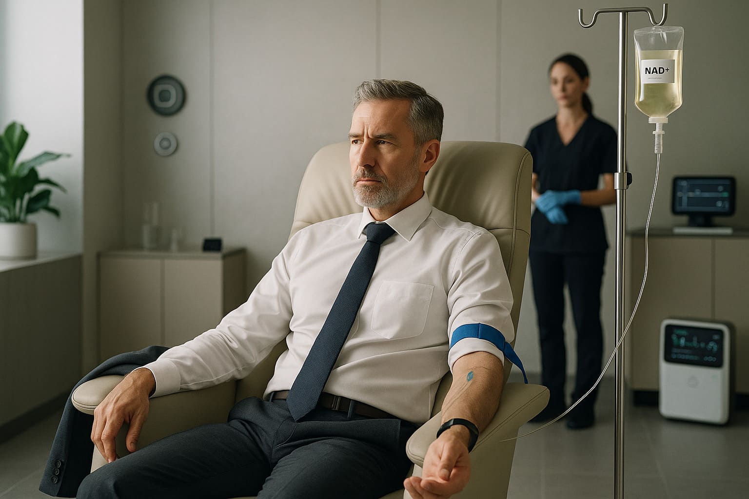 A confident middle-aged executive receiving NAD+ IV therapy in a sleek, high-end wellness clinic with medical equipment and soft natural lighting.