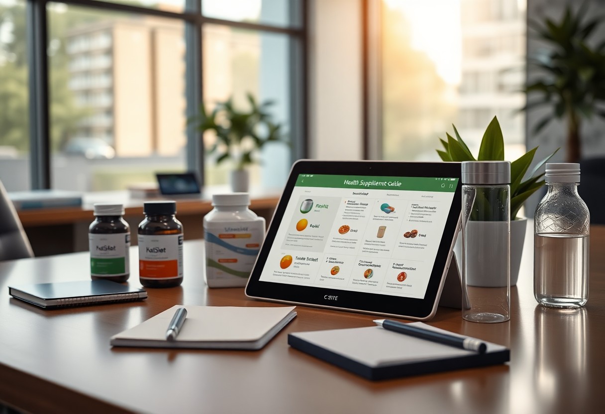 Health supplement guide on tablet, bottles of vitamins and supplements on table