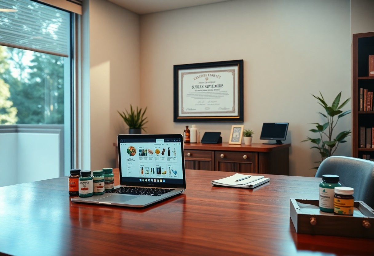 Laptop displaying supplements website on office table with diploma