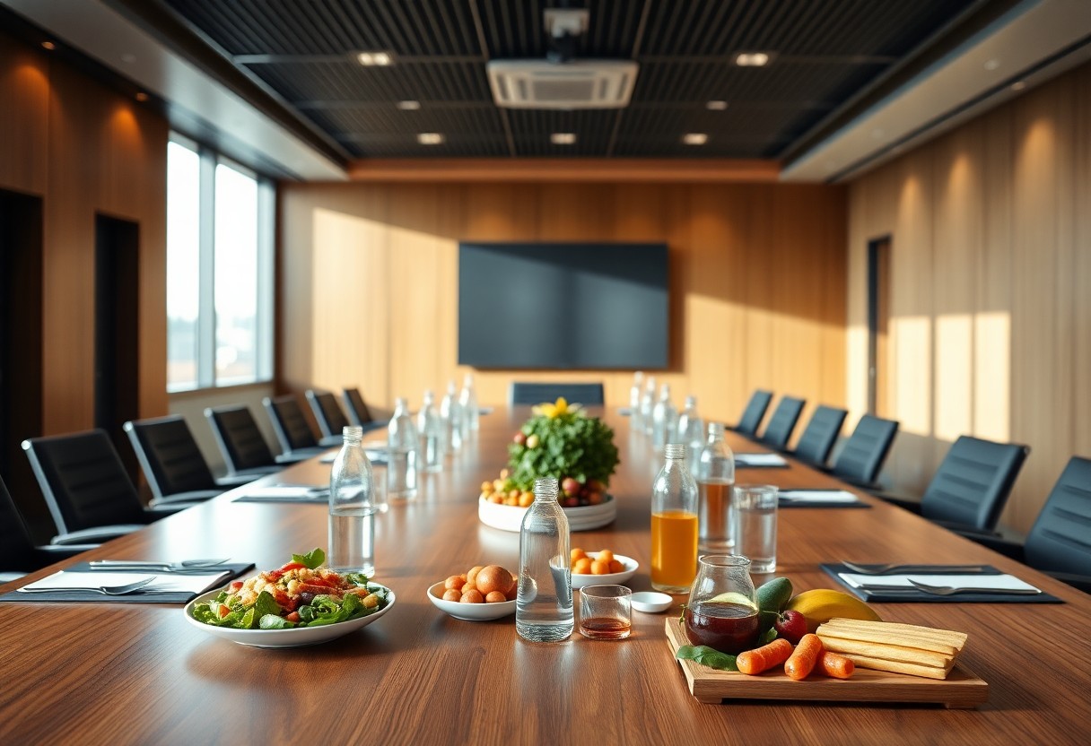 Healthy food and drinks on a conference table in a modern boardroom.