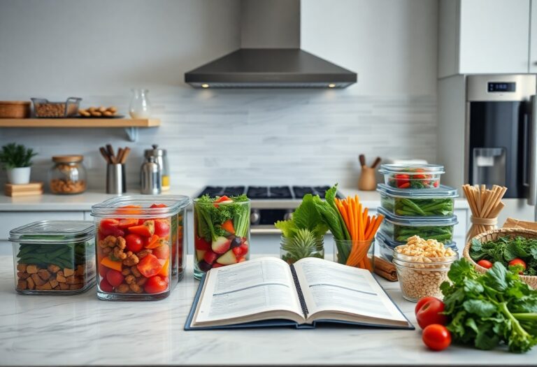 Meal prepping: Glass containers filled with healthy vegetables and grains sit on a kitchen counter next to an open cookbook.